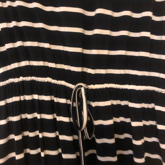 Striped Black and White MIDI Comfort Dress w Pockets drawstring elastic waist LG - Picture 2 of 5
